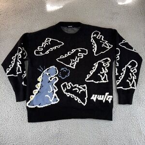 Aelfric Eden Sweater Mens XL Black Blue Dinosaur Crewneck Knit Pullover Graphic